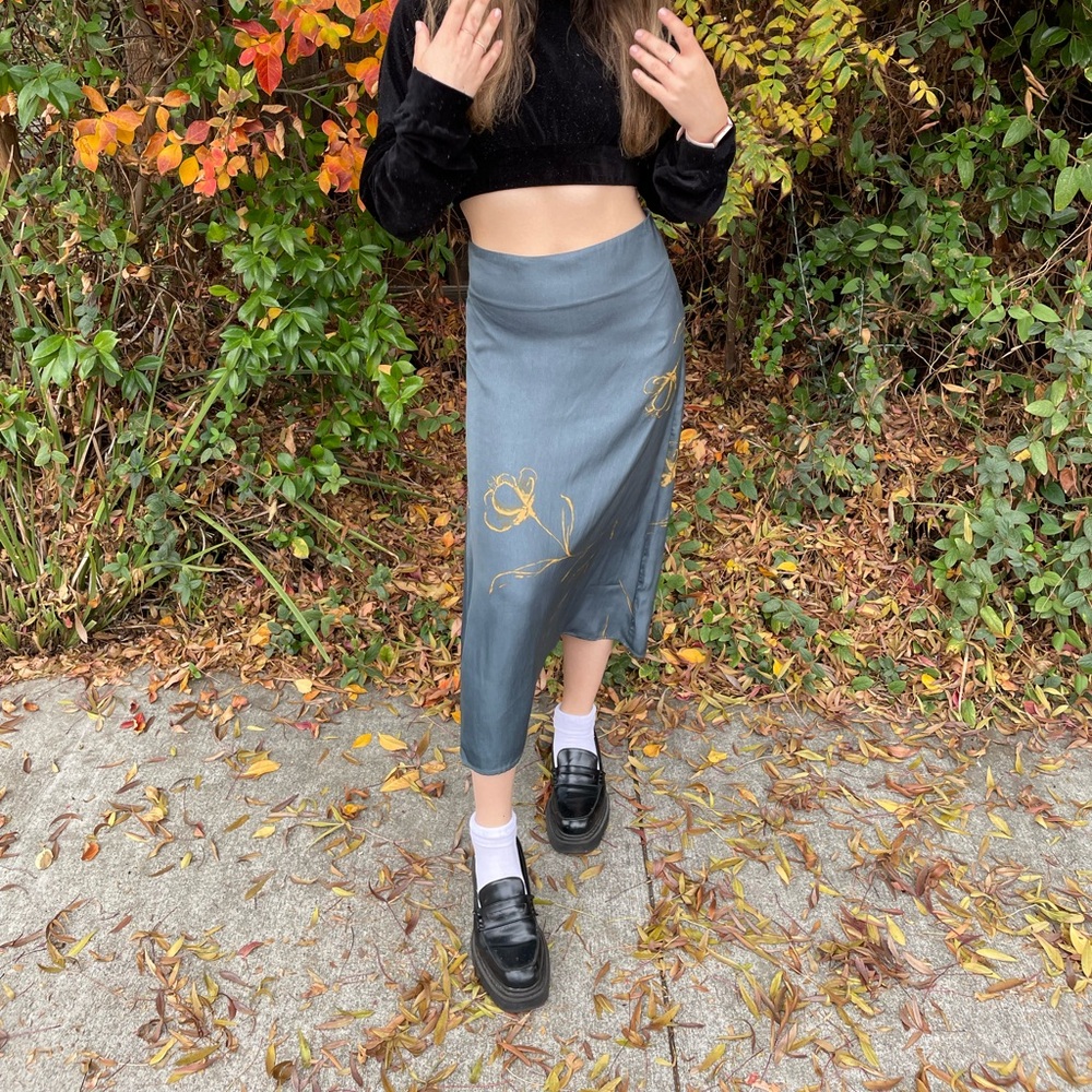 Elegant Gray Floral Silky Midi Skirt